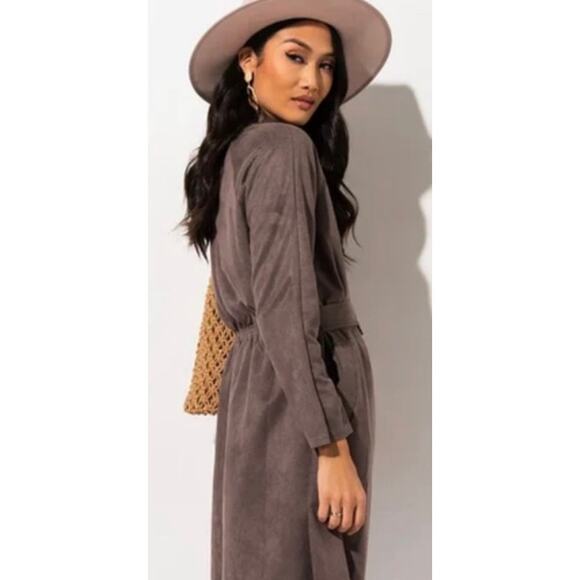 Akira Back in the Day Faux Suede Classic Style Trench Coat, L - Picture 2 of 8